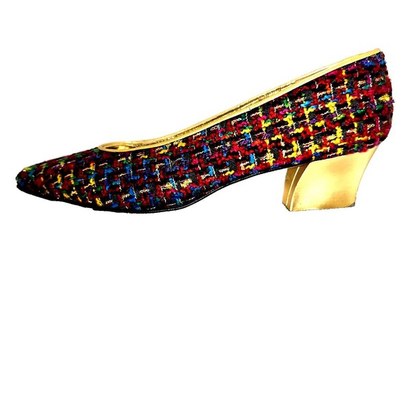 Vintage Hitsman Tweed Pumps Gold Heel Mob Wife Quiet Luxury Size 8N Spain - Picture 5 of 7